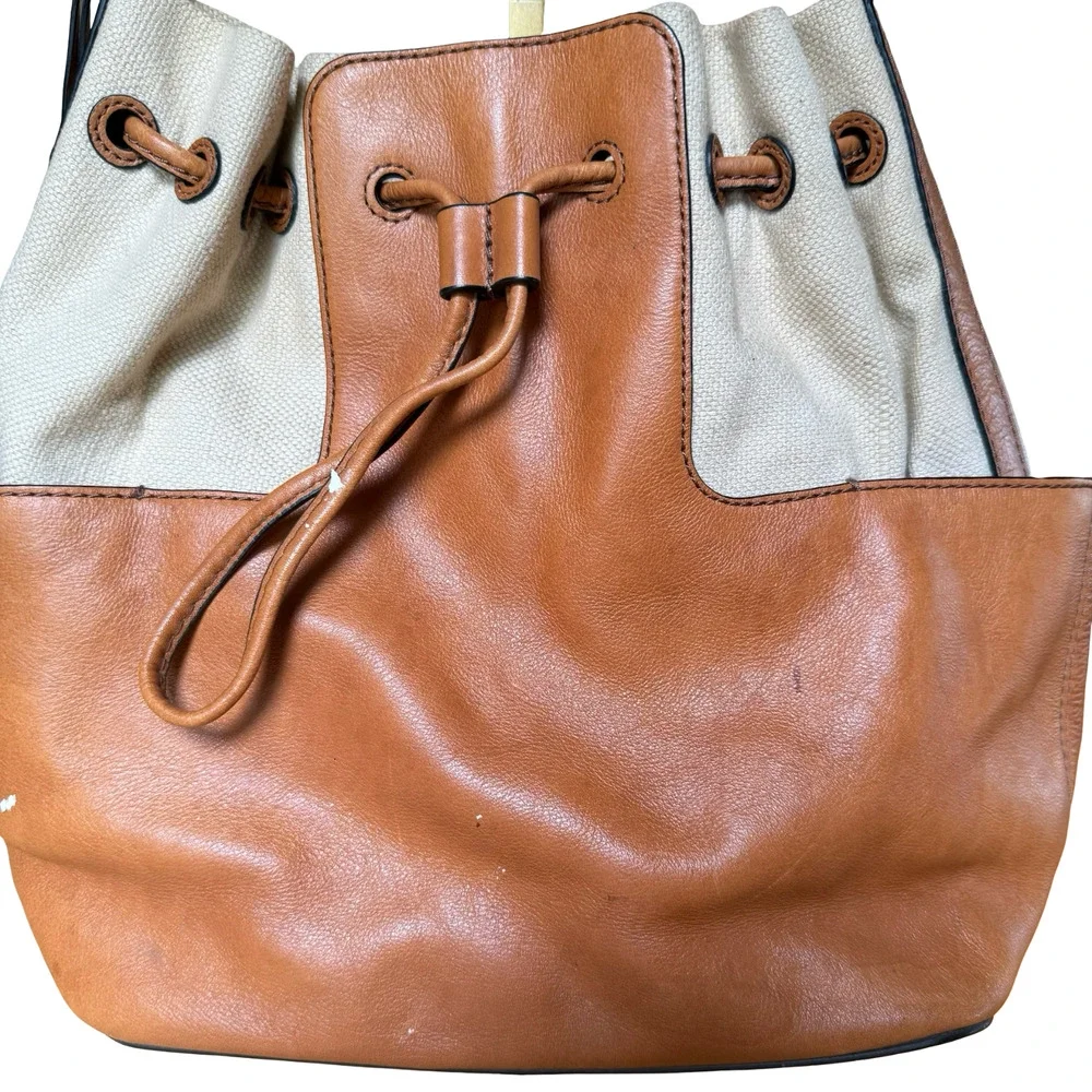 Fossil Leather & Canvas Tan Handbag Shoulder Bag Drawstring Bucket Purse 13x11x6